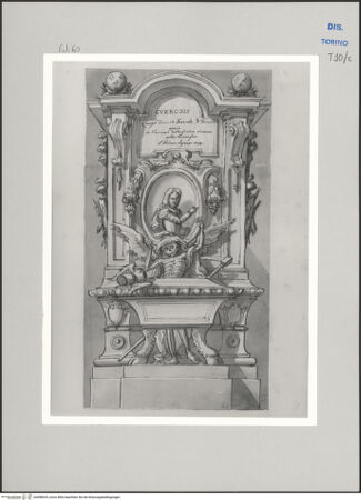 Vorderseite von Museo Civico d'Arte Antica, Torino [https://www.deutsche-digitale-bibliothek.de/content/lizenzen/rv-ez/] Memorie sepolcrali delli Huomini insigni di questo secolo conosciuti da me (...)Entwurf für ein Grabmal für Pierre Le Guerchois, gest. Parma 1734 - , bh588035_recto. Foto.