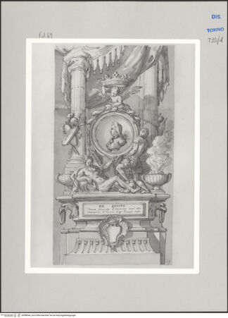 Vorderseite von Museo Civico d'Arte Antica, Torino [https://www.deutsche-digitale-bibliothek.de/content/lizenzen/rv-ez/] Memorie sepolcrali delli Huomini insigni di questo secolo conosciuti da me (...)Entwurf für ein Grabmal für Antoine de La Font Marchese da Savines, 1669 - 1748 - , bh588044_recto. Foto.