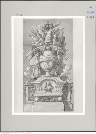 Vorderseite von Museo Civico d'Arte Antica, Torino [https://www.deutsche-digitale-bibliothek.de/content/lizenzen/rv-ez/] Memorie sepolcrali delli Huomini insigni di questo secolo conosciuti da me (...)Entwurf für ein Grabmal für Maximilian Graf de la Tour, gest. Parma 1734 - , bh588046_recto. Foto.