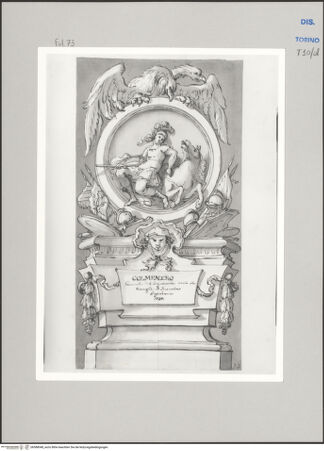 Vorderseite von Museo Civico d'Arte Antica, Torino [https://www.deutsche-digitale-bibliothek.de/content/lizenzen/rv-ez/] Memorie sepolcrali delli Huomini insigni di questo secolo conosciuti da me (...)Entwurf für ein Grabmal für Franz Ludwig de Colmenero Gattinara Graf von Valderis, 1700 ca. - Guastalla 1734 - , bh588048_recto. Foto.