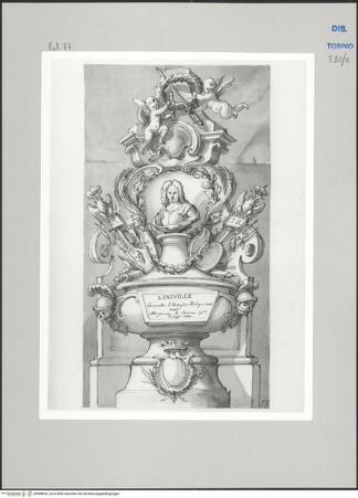Vorderseite von Museo Civico d'Arte Antica, Torino [https://www.deutsche-digitale-bibliothek.de/content/lizenzen/rv-ez/] Memorie sepolcrali delli Huomini insigni di questo secolo conosciuti da me (...)Entwurf für ein Grabmal für Leopold Graf von Ligneville Marchese d'Honècourt, gest. Colorno 1734 - , bh588052_recto. Foto.