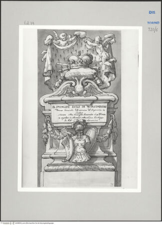Vorderseite von Museo Civico d'Arte Antica, Torino [https://www.deutsche-digitale-bibliothek.de/content/lizenzen/rv-ez/] Memorie sepolcrali delli Huomini insigni di questo secolo conosciuti da me (...)Entwurf für ein Grabmal für Friedrich Ludwig Prinz von Württemberg-Winnental, Stuttgart 1690 - Guastalla 1734 - , bh588054_recto. Foto.