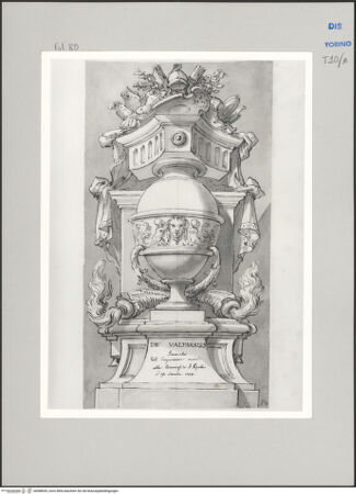 Vorderseite von Museo Civico d'Arte Antica, Torino [https://www.deutsche-digitale-bibliothek.de/content/lizenzen/rv-ez/] Memorie sepolcrali delli Huomini insigni di questo secolo conosciuti da me (...)Entwurf für ein Grabmal für Bartolomé González de Andía Marchese von Valparaiso, 1682 ca. - Guastalla 1734 - , bh588055_recto. Foto.