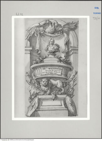 Vorderseite von Museo Civico d'Arte Antica, Torino [https://www.deutsche-digitale-bibliothek.de/content/lizenzen/rv-ez/] Memorie sepolcrali delli Huomini insigni di questo secolo conosciuti da me (...)Entwurf für ein Grabmal für Karl Franz Baron von Wachtendonck, 1695 - Livorno 1741 - , bh588056_recto. Foto.