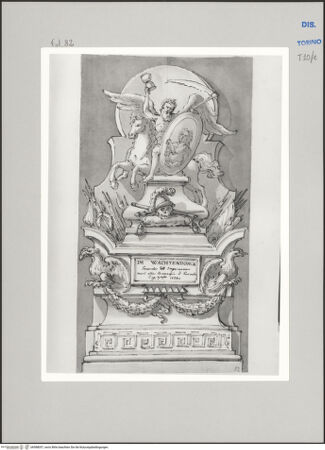 Vorderseite von Museo Civico d'Arte Antica, Torino [https://www.deutsche-digitale-bibliothek.de/content/lizenzen/rv-ez/] Memorie sepolcrali delli Huomini insigni di questo secolo conosciuti da me (...)Entwurf für ein Grabmal für Karl Franz Baron von Wachtendonck, 1695 - Livorno 1741 - , bh588057_recto. Foto.