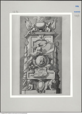 Vorderseite von Museo Civico d'Arte Antica, Torino [https://www.deutsche-digitale-bibliothek.de/content/lizenzen/rv-ez/] Memorie sepolcrali delli Huomini insigni di questo secolo conosciuti da me (...)Entwurf für ein Grabmal für François d'Affry, Freiburg 1667/1686 - Guastalla 1734 - , bh588058_recto. Foto.