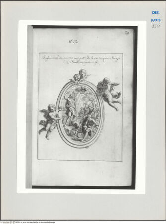 Vorderseite von Ecole Nationale Supérieure des Beaux Arts [https://www.deutsche-digitale-bibliothek.de/content/lizenzen/rv-ez/] Recueil Weale. Libro degli abbozzi de disegni delle commissioni, che si fano in Roma per ordine della Corte (di Portugallo)Nr. 12: ovales Bild mit Darstellung der Rückkehr Johannes des Täufers aus der Wüste, gehalten von Putten - , bh588154_recto. Foto.