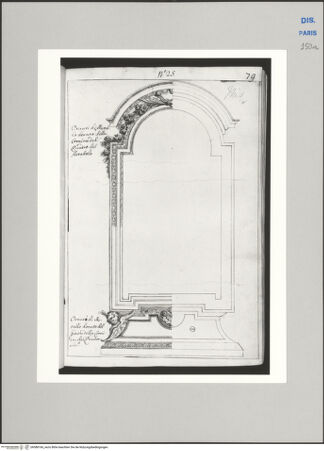 Vorderseite von Ecole Nationale Supérieure des Beaux Arts [https://www.deutsche-digitale-bibliothek.de/content/lizenzen/rv-ez/] Recueil Weale. Libro degli abbozzi de disegni delle commissioni, che si fano in Roma per ordine della Corte (di Portugallo)Nr. 25: Entwurf für ein goldenes Metallband als Dekoration für das Retabel - , bh588166_recto. Foto.