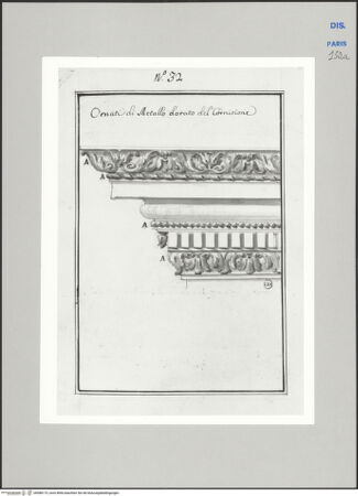 Vorderseite von Ecole Nationale Supérieure des Beaux Arts [https://www.deutsche-digitale-bibliothek.de/content/lizenzen/rv-ez/] Recueil Weale. Libro degli abbozzi de disegni delle commissioni, che si fano in Roma per ordine della Corte (di Portugallo)Nr. 32: Entwurf für ein Gesims - , bh588173_recto. Foto.