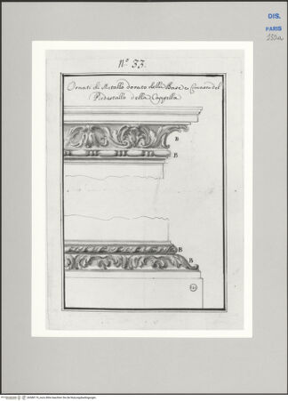 Vorderseite von Ecole Nationale Supérieure des Beaux Arts [https://www.deutsche-digitale-bibliothek.de/content/lizenzen/rv-ez/] Recueil Weale. Libro degli abbozzi de disegni delle commissioni, che si fano in Roma per ordine della Corte (di Portugallo)Nr. 33: Entwurf für den Schmuck von Gesims und Sockel in der Kapelle - , bh588174_recto. Foto.