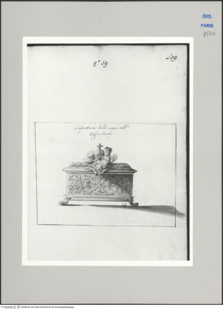 Vorderseite von Ecole Nationale Supérieure des Beaux Arts [https://www.deutsche-digitale-bibliothek.de/content/lizenzen/rv-ez/] Recueil Weale. Libro degli abbozzi de disegni delle commissioni, che si fano in Roma per ordine della Corte (di Portugallo)Nr. 59: Entwurf für einen Kasten zur Aufbewahrung der Salböle - , bh588198_recto. Foto.