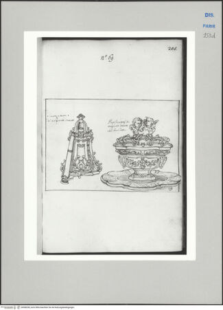 Vorderseite von Ecole Nationale Supérieure des Beaux Arts [https://www.deutsche-digitale-bibliothek.de/content/lizenzen/rv-ez/] Recueil Weale. Libro degli abbozzi de disegni delle commissioni, che si fano in Roma per ordine della Corte (di Portugallo)Nr. 69: Entwurf für einen Kerzenlöscher und ein Weihwassergefäß - , bh588208_recto. Foto.