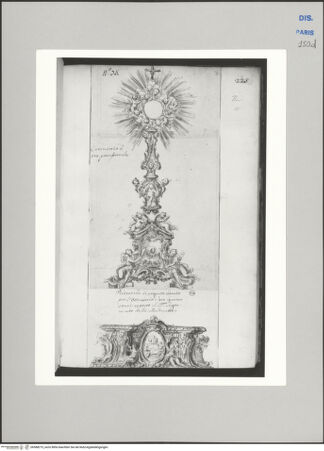 Vorderseite von Ecole Nationale Supérieure des Beaux Arts [https://www.deutsche-digitale-bibliothek.de/content/lizenzen/rv-ez/] Recueil Weale. Libro degli abbozzi de disegni delle commissioni, che si fano in Roma per ordine della Corte (di Portugallo)Nr. 75: Entwurf für eine goldene Monstranz für Prozessionen - , bh588215_recto. Foto.