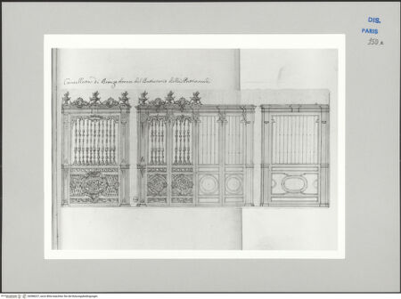 Vorderseite von Ecole Nationale Supérieure des Beaux Arts [https://www.deutsche-digitale-bibliothek.de/content/lizenzen/rv-ez/] Recueil Weale. Libro degli abbozzi de disegni delle commissioni, che si fano in Roma per ordine della Corte (di Portugallo)Nr. 87: Entwurf für das Gitterwerk zur Begrenzung der Taufkapelle - , bh588227_recto. Foto.