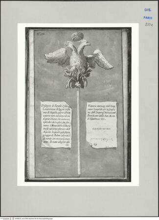 Vorderseite von Ecole Nationale Supérieure des Beaux Arts [https://www.deutsche-digitale-bibliothek.de/content/lizenzen/rv-ez/] Recueil Weale. Libro degli abbozzi de disegni delle commissioni, che si fano in Roma per ordine della Corte (di Portugallo)Nr. 100: Fackelstab in Form eines zweiköpfigen Adlers - , bh588242_recto. Foto.