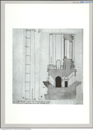 Vorderseite von Soprintendenza Speciale per il Polo Museale Fiorentino - Gabinetto Fotografico [http://creativecommons.org/publicdomain/mark/1.0/] Schnitt durch Kuppelfuß von San Pietro und Maße einer der Säulen der Tribuna - , bh588251_recto. Foto.