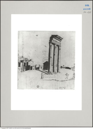 Vorderseite von Soprintendenza Speciale per il Polo Museale Fiorentino - Gabinetto Fotografico [http://creativecommons.org/publicdomain/mark/1.0/] Blick vom Palatin über das Forum Romanum, im Vordergrund die Säulen des Dioskurentempels - , bh588253_recto. Foto.