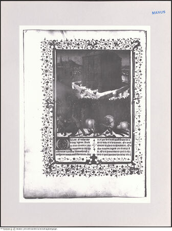 Vorderseite von Bibliothèque Nationale [https://www.deutsche-digitale-bibliothek.de/content/lizenzen/rv-ez/] Les Antiquitès juda^B4iquesFol. 213v: König Zedekia wird geblendet; Brand des Tempels von Jerusalem - , bh588321_recto. Foto.