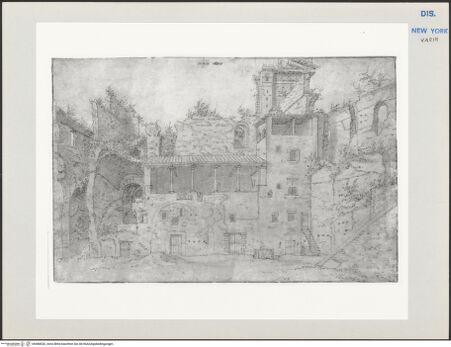 Vorderseite von Metropolitan Museum of Art [https://www.deutsche-digitale-bibliothek.de/content/lizenzen/rv-ez/] Ansicht des Palazzo Colonna und des sogenannten Frontispizio di Nerone auf dem Quirinal - , bh588520_recto. Foto.