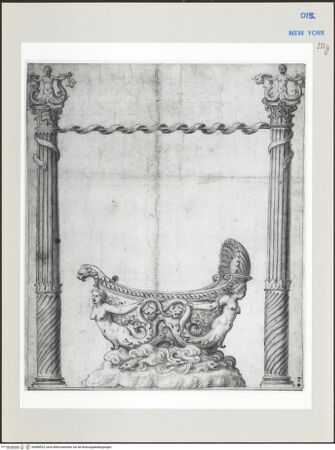 Vorderseite von Cooper-Hewitt National Design Museum [https://www.deutsche-digitale-bibliothek.de/content/lizenzen/rv-ez/] Von Sirenen gestützte Wiege zwischen sirenenbekrönten Säulen - , bh588523_recto. Foto.