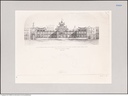 Vorderseite von Sopr. BAS NA [https://www.deutsche-digitale-bibliothek.de/content/lizenzen/rv-ez/] Ansicht und Grundriss der ephemeren Architektur am Largo del Mercatello anlässlich der Feierlichkeiten zur Hochzeit der Herzogspaares von Calabrien im Februar 1859 - , bh588692_recto. Foto: Pedicini, Rocco.