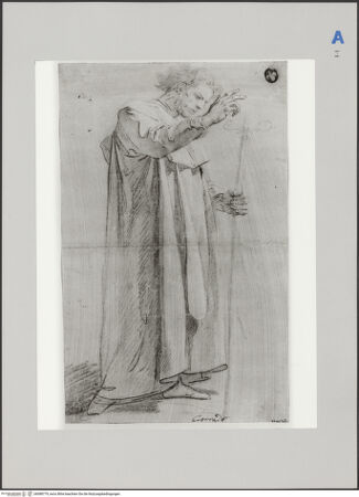 Vorderseite von Martin von Wagner Museum [https://www.deutsche-digitale-bibliothek.de/content/lizenzen/rv-ez/] Segnende männliche Gewandfigur mit einem Kreuzstab (Studie zu einem Kleriker?) - , bh588779_recto. Foto.