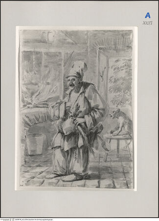 Vorderseite von Martin von Wagner Museum [https://www.deutsche-digitale-bibliothek.de/content/lizenzen/rv-ez/] Karikatur eines in einer Küche am Feuer stehenden Mannes - , bh588790_recto. Foto.