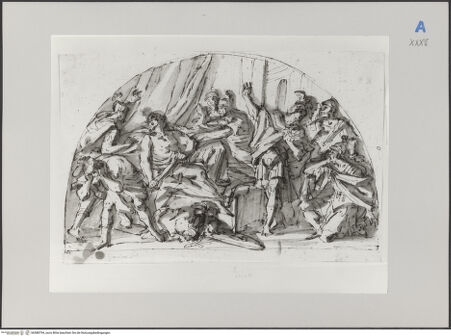 Vorderseite von Martin von Wagner Museum [https://www.deutsche-digitale-bibliothek.de/content/lizenzen/rv-ez/] Aufgeregte Soldaten um einen liegenden halbnackten Mann - , bh588794_recto. Foto.