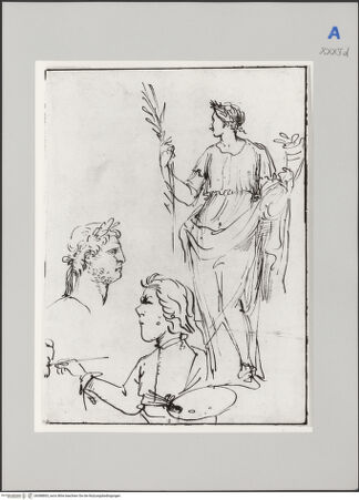 Vorderseite von Martin von Wagner Museum [https://rightsstatements.org/page/CNE/1.0/] Weibliche Figur mit Lorbeerkranz und Palmenzweig und Füllhorn; Kopf eines Mannes; Karikatur eines Malers - , bh588805_recto. Foto.