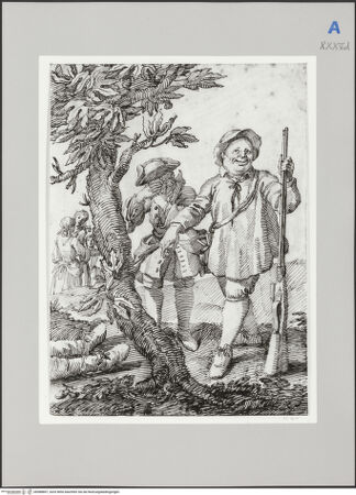 Vorderseite von Martin von Wagner Museum [https://www.deutsche-digitale-bibliothek.de/content/lizenzen/rv-ez/] Mann mit Gewehr und Soldat um eine am Boden liegende Figur; zwei Frauen mit Kind im Hintergrund - , bh588807_recto. Foto.