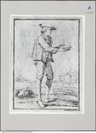 Vorderseite von Martin von Wagner Museum [https://www.deutsche-digitale-bibliothek.de/content/lizenzen/rv-ez/] Stehender Mann mit Hut, eine Schüssel (?) haltend - , bh588808_recto. Foto.