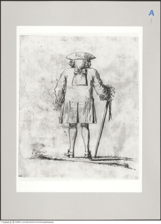 Vorderseite von Martin von Wagner Museum [https://www.deutsche-digitale-bibliothek.de/content/lizenzen/rv-ez/] Stehender Mann mit Hut und Stock in Rückenansicht - , bh588811_recto. Foto.