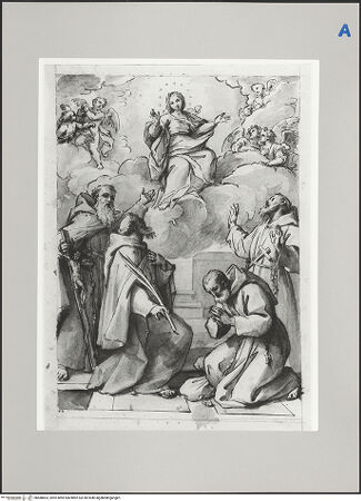 Vorderseite von Martin von Wagner Museum [https://www.deutsche-digitale-bibliothek.de/content/lizenzen/rv-ez/] Maria auf Wolken und vier Kapuzinermönche in Anbetung - , bh588863_recto. Foto.