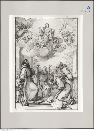 Vorderseite von Martin von Wagner Museum [https://www.deutsche-digitale-bibliothek.de/content/lizenzen/rv-ez/] Vier Kapuzinermönche in Anbetung der Maria auf Wolken - , bh588864_recto. Foto.