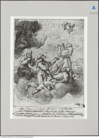 Vorderseite von Martin von Wagner Museum [https://www.deutsche-digitale-bibliothek.de/content/lizenzen/rv-ez/] Der Heilige Antonius von Padua und die Seligen Fidelis von Sigmaringen, Seraphino da Montegranaro und Giuseppe da Leonessa in Anbetung des Symbols der Dreifaltigkeit - , bh588877_recto. Foto.