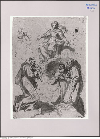 Vorderseite von Martin von Wagner Museum [https://www.deutsche-digitale-bibliothek.de/content/lizenzen/rv-ez/] Drei Kapuzinermönche in Anbetung der Maria auf Wolken - , bh588902_recto. Foto.