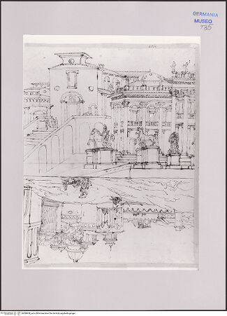 Vorderseite von Martin von Wagner Museum [https://www.deutsche-digitale-bibliothek.de/content/lizenzen/rv-ez/] Zwei Stadtansichten, unten: Phantastische Vedute des Kapitol in Rom - , bh588958_recto. Foto.