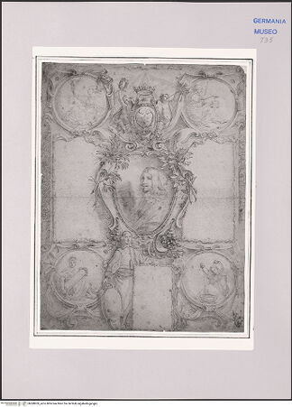 Vorderseite von Martin von Wagner Museum [https://www.deutsche-digitale-bibliothek.de/content/lizenzen/rv-ez/] Entwurf für ein Wandbild mit Herrscherporträt und Allegorien der Tugenden - , bh588959_recto. Foto.