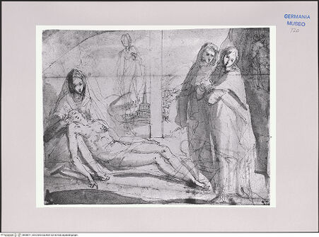 Vorderseite von Martin von Wagner Museum [https://www.deutsche-digitale-bibliothek.de/content/lizenzen/rv-ez/] Studie zu einer Pietà mit mehreren Figuren und einer Architekturdarstellung im Hintergrund - , bh588971_recto. Foto.