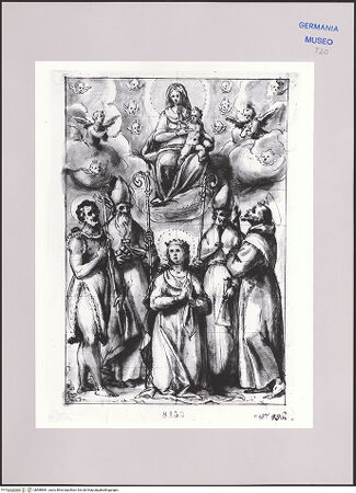 Vorderseite von Martin von Wagner Museum [https://www.deutsche-digitale-bibliothek.de/content/lizenzen/rv-ez/] Weibliche Heilige mit Krone (Katharina?) umgeben von vier Heiligen unter der Madonna auf Wolken - , bh588981_recto. Foto.