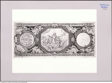 Vorderseite von Martin von Wagner Museum [https://www.deutsche-digitale-bibliothek.de/content/lizenzen/rv-ez/] Entwurf für eine Deckendekoration, im Zentrum ein Heiliger umgeben von Engeln - , bh589005_recto. Foto.