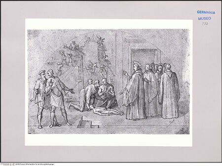 Vorderseite von Martin von Wagner Museum [https://www.deutsche-digitale-bibliothek.de/content/lizenzen/rv-ez/] Heiliger Mönch heilt einen von einem Bauwerk gestürzten Mann - , bh589016_recto. Foto.