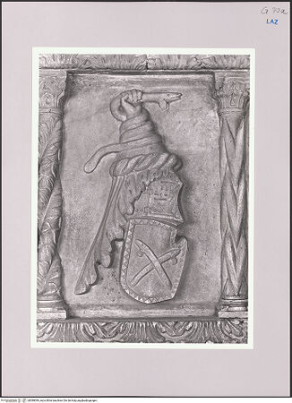 Vorderseite von Dinotola, Salvatore [https://www.deutsche-digitale-bibliothek.de/content/lizenzen/rv-ez/] Grabmal der Brüder Francesco und Nicola AnguillaraSarkophag - Detail: Wappen der Familie Anguillara, links der Schrifttafel, bh589099_recto. Foto: Dinotola, Salvatore.