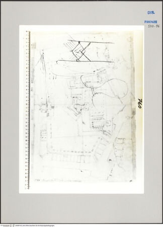 Vorderseite von Centro Studi Antonio Sangallo il Giovane, Montefiascone [https://www.deutsche-digitale-bibliothek.de/content/lizenzen/rv-ez/] Florenz, Vorschlag zur Umleitung des Flusses Mugnone, der in der Nähe der Fortezza da Basso in den Arno mündet - , bh589164_recto. Foto.