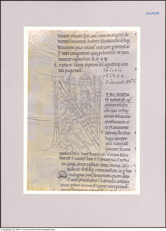 Vorderseite von Heiligenkreuz (Niederösterreich); Stiftsbibliothek? [https://rightsstatements.org/page/CNE/1.0/] Ms. Augustinus, De Civitate DeiInitiale N mit Plato und Sokrates - , bh589177_recto. Foto.