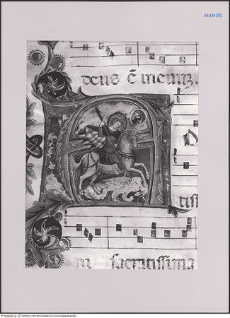 Vorderseite von ICCD [https://www.deutsche-digitale-bibliothek.de/content/lizenzen/rv-ez/] Initiale A mit Bild des Heiligen Georg aus einem Corale Miniato - , bh589200_recto. Foto.