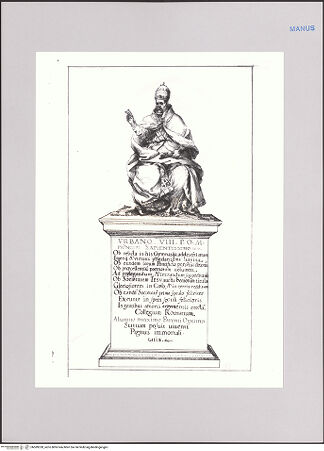 Vorderseite von Biblioteca Apostolica Vaticana [https://www.deutsche-digitale-bibliothek.de/content/lizenzen/rv-ez/] Impresenbuch für Papst Urban VIII.Ehrenstatue Urbans VIII. im Innenhof des Collegio Romano - , bh589328_recto. Foto.