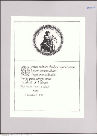 Vorderseite von Biblioteca Apostolica Vaticana [https://www.deutsche-digitale-bibliothek.de/content/lizenzen/rv-ez/] Impresenbuch für Papst Urban VIII.Imprese mit der sitzenden Justitia - , bh589330_recto. Foto.
