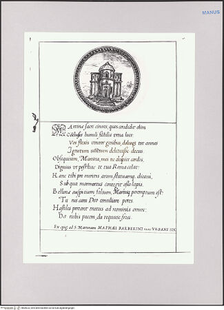 Vorderseite von Biblioteca Apostolica Vaticana [https://www.deutsche-digitale-bibliothek.de/content/lizenzen/rv-ez/] Impresenbuch für Papst Urban VIII.Imprese mit der Kirche Santi Luca e Martina - , bh589333_recto. Foto.