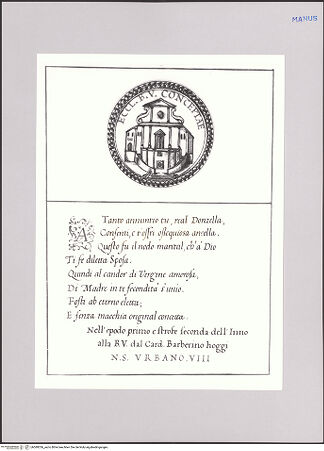 Vorderseite von Biblioteca Apostolica Vaticana [https://www.deutsche-digitale-bibliothek.de/content/lizenzen/rv-ez/] Impresenbuch für Papst Urban VIII.Imprese mit der Kirche Santa Maria della Concezione - , bh589336_recto. Foto.